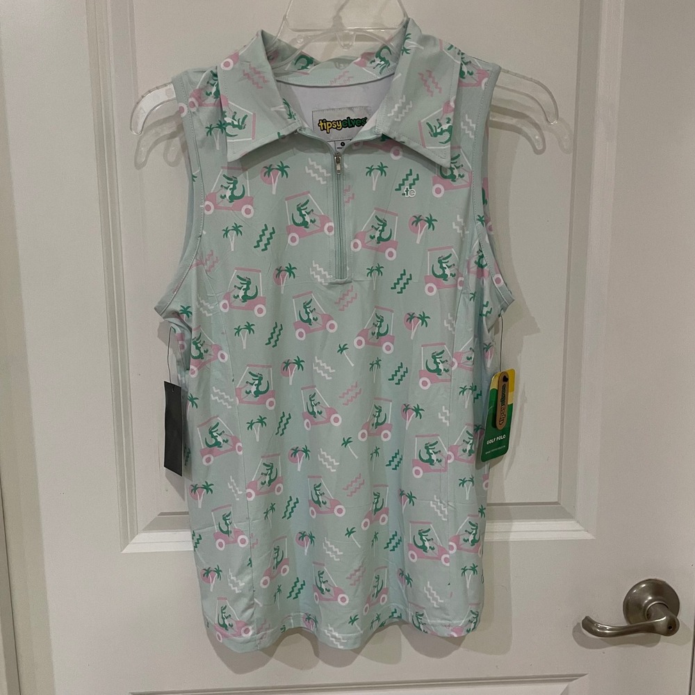 Tipsy Elves Mint Green Pink Golf Cart Print Sleeveless Polo